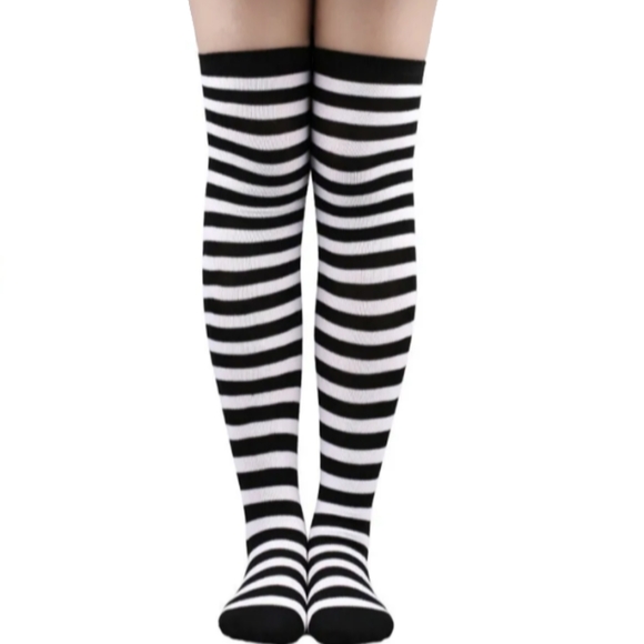 Black and White Striped Over The Knee Socks OTK Thigh High Stockings Tights New - Picture 1 of 11